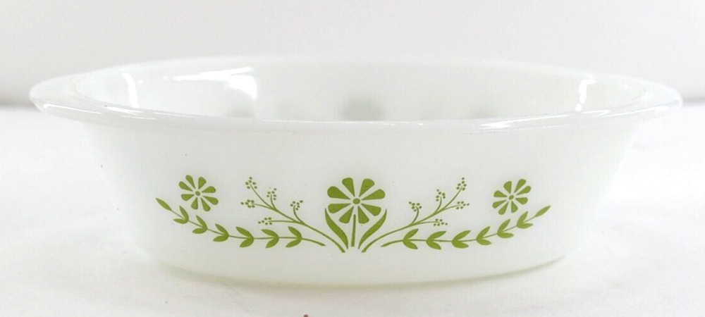 Glasbake White Glass Green Daisy Flower Casserole Dish 1 Quart Oval J235 Vintage